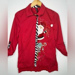 Berek Red Beaded Christmas Sneaking Santa Zebra Trim Shirt
